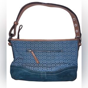 Coach Signature C Canvas and Suede Shoulder Satchel Teal with Leather Lining